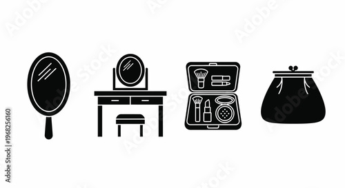 Beauty Makeup Icons Set Hand Mirror Vanity Table Kit Purse Black Silhouettes Vector Isolated on White
