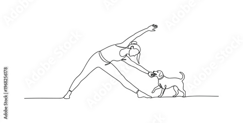 Yoga Playtime. Minimalistic one-line drawing person in yoga stretch with playful dog, continuous single black line on white background, simple outline style,