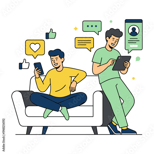 Two young men communicate and interact with technology devices on sofa