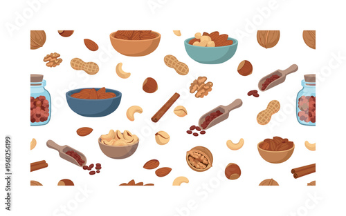 roasted almond icons seamless pattern, repeating pattern, surface design, textile print, modern illustration of roasted almonds, cashews, peanuts, walnuts,