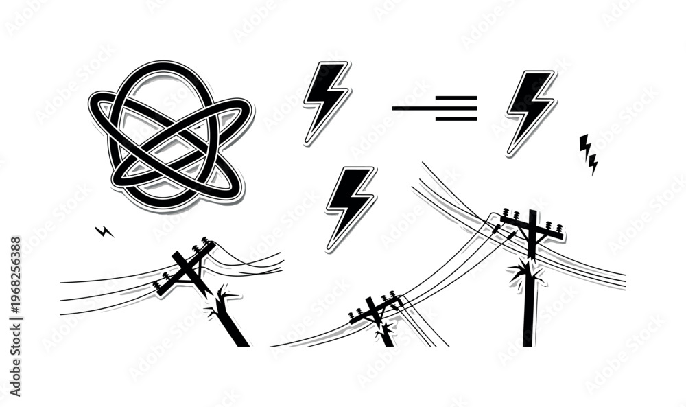 Obraz premium power outage geometric rings intersecting lines and minimal lightning icons realistic black and white downed power lines and broken utility poles after storm