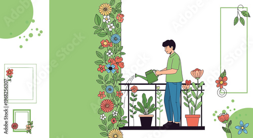 Man watering plants on balcony, surrounded by blooming flowers, spring garden illustration