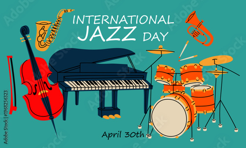 Flat bright horizontal banner for International Jazz Day. group of musical instruments. Piano, drum set, saxophone, trumpet, double bass for an invitation to a concert or as festival title. Graphic