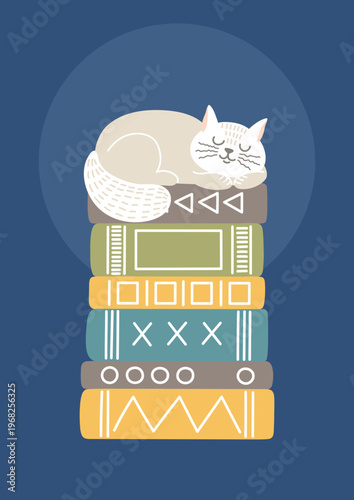 Cute cat sleeping on books. Education, library, literature concept.