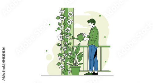 Man watering plants on balcony, vertical garden, urban gardening, hobby