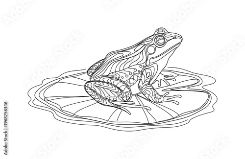 Frog Close-Up. Minimalistic one-line drawing detailed frog on lily pad with subtle water lines, continuous single black line on white background, simple