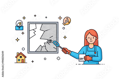 Broken window screen seasonal maintenance scene where a screen is prepared for replacement while small sparkle and line icons highlight care, upkeep, and