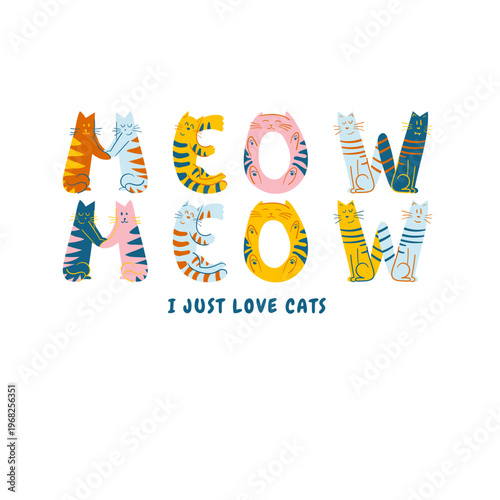 Colorful meow meow cat silhouettes typography