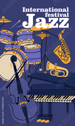 Flat vibrant horizontal illustration with jazz music band composition. Abstract musical instruments for festival banner, concert poster or artistic event invitation. Isolated graphics on blue