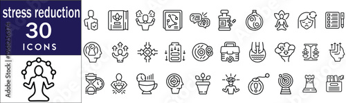 Mental wellness and stress relief icons collection including calm mind, spa, balance, meditation, and relaxation activities. Modern flat design perfect for wellness apps and healthcare projects,