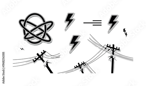 power outage geometric rings intersecting lines and minimal lightning icons realistic black and white downed power lines and broken utility poles after storm