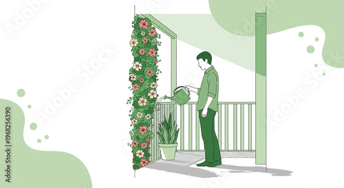 Man watering vertical garden on balcony with colorful flowers and plants