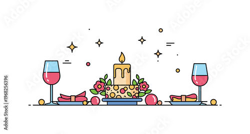 Candle centerpiece elegant dining table scene where a tall candle sits in a decorative holder surrounded by small floral accents while small sparkle and line