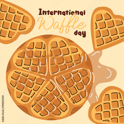 Flat illustration of heart-shaped golden waffles with dripping syrup for International Waffle Day celebration. pieces of hearts. Tasty breakfast greeting card or romantic event poster design. yellow