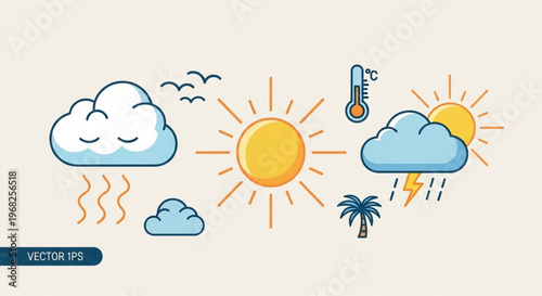 Minimalist weather icon set in flat line style, meteorology symbols with sun and clouds, tropical climate vector illustrations for forecast apps