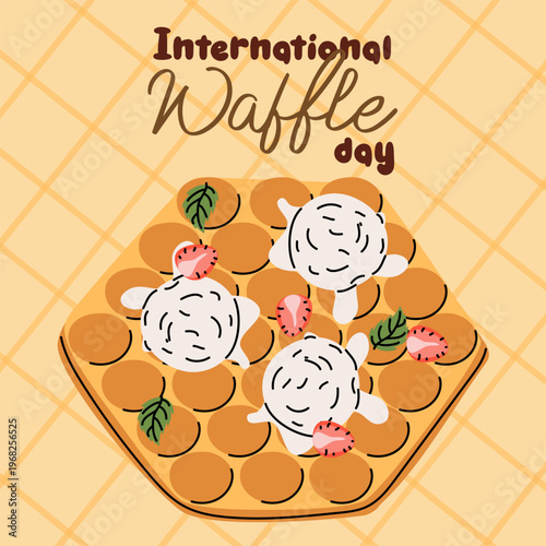 Flat illustration of a hexagonal Hong Kong bubble waffle with ice cream scoops and strawberries for International Waffle Day. Tasty dessert celebration greeting card on yellow background