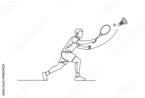Racquet Game. Minimalistic one-line drawing player swinging racquet toward ball or shuttlecock, continuous single black line on white background, simple