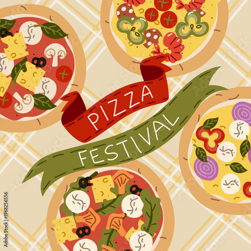 Flat illustration of various pizzas with different toppings and a Pizza Festival ribbon. Italian food celebration greeting card or restaurant menu event design. Isolated on tablecloth