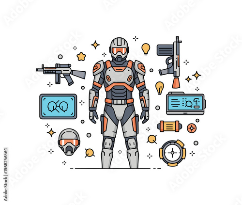 Battle-ready costumes futuristic soldier concept where armored suits and tech accessories are displayed while small sparkle and line icons emphasize readiness,