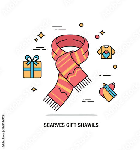 Scarves and shawls gift wrapping concept where a scarf or shawl is used to wrap a present while small sparkle and line icons emphasize creativity, style, and