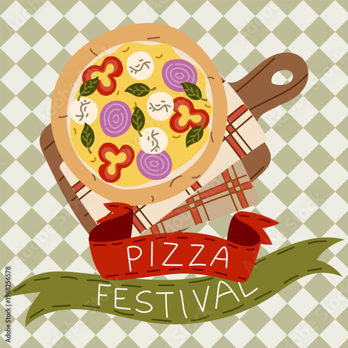 Flat illustration of italian pizza with onion and pepper toppings on a wooden board for Pizza Festival. Food event celebration greeting card or restaurant menu design on checkered green background