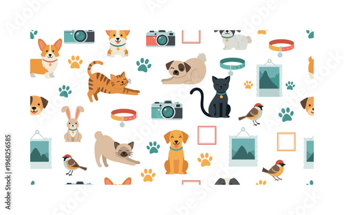 cute pets motifs seamless pattern, repeating pattern, surface design, textile print, modern illustration of dogs, cats, rabbits, birds, cameras, photo frames,