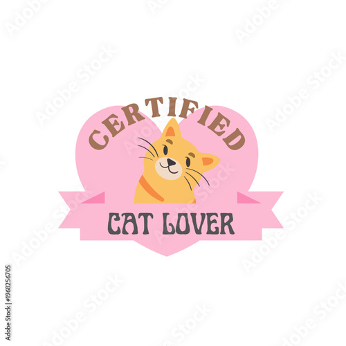 Pink certified cat lover badge with cat character