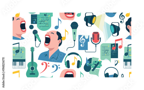 vocal motifs patterns seamless pattern, repeating pattern, surface design, textile print, modern illustration of singing performers, microphones, musical