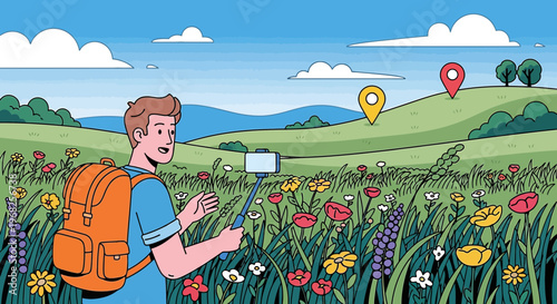 Man with Backpack and Selfie Stick in a Wildflower Meadow, Exploring Nature