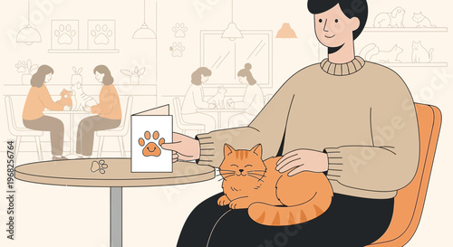 Man with Cat at Cafe, Holding Greeting Card with Paw Print
