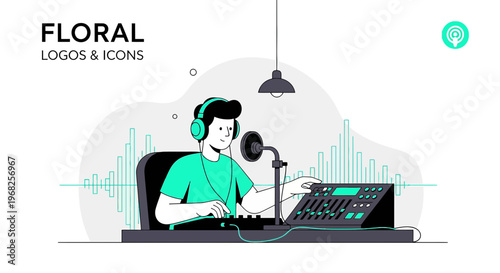 Man with Headphones Recording Audio at Mixing Console with Sound Waves