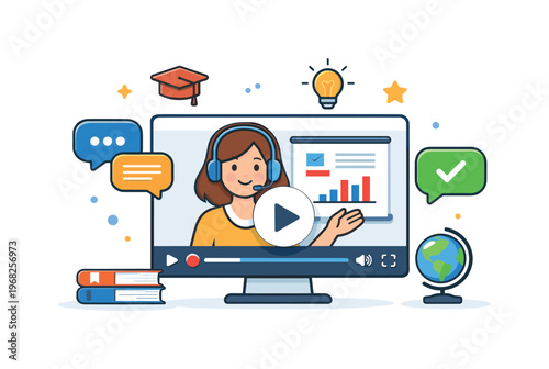 Online education platforms shown through a video lesson interface with a play button and small chat icons, conveying interaction, engagement, and guided