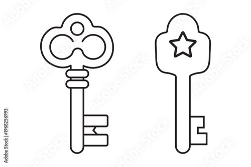 Master Key Icon Set Decorative Skeleton Key Vector Outline Illustration for Security Access Control, Premium Unlock, Admin Privilege, Password and Privacy Concept Minimal Design. Key icon with outline