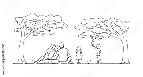 Family Relaxation. Minimalistic one-line drawing parents sitting with children playing nearby under trees, continuous single black line on white background,