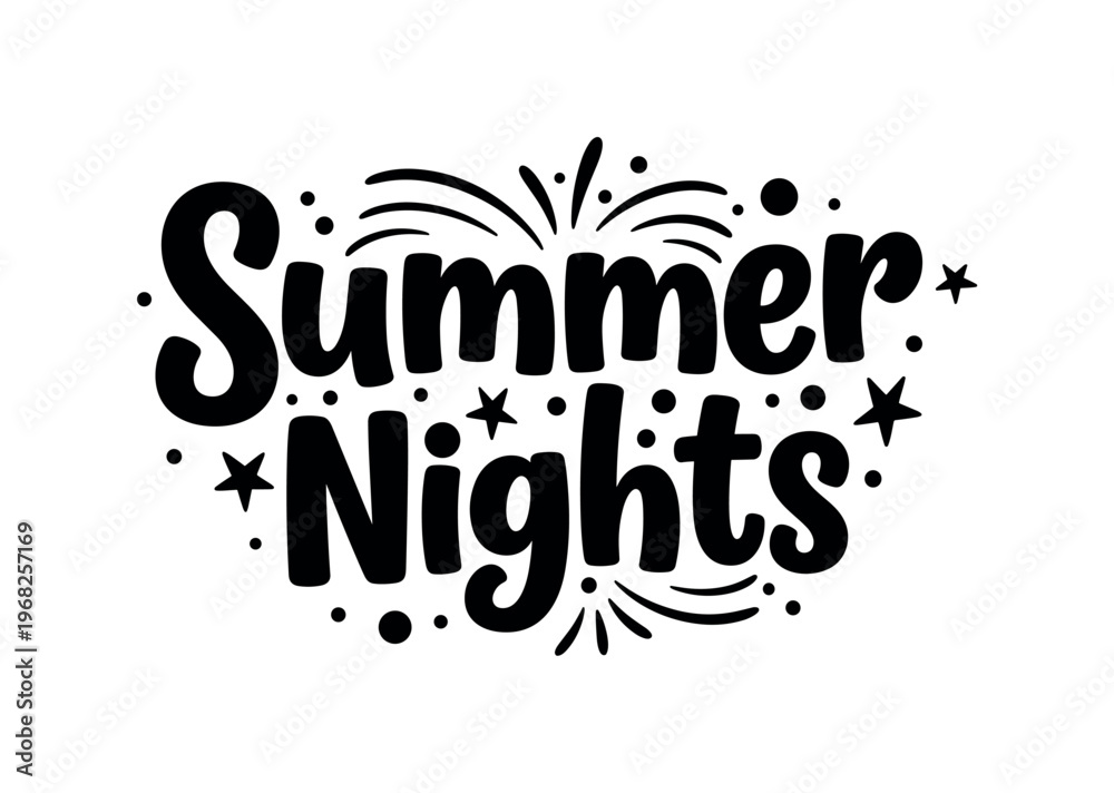 Fototapeta premium Summer Nights. lettering and all elements in black. Vector style. AWhite background. Pure white background. Perfect isolation and visual consistency. Bold