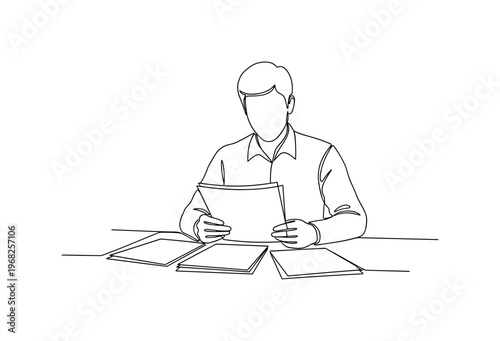 Privacy Awareness. Minimalistic one-line drawing individual reviewing data protection and consent forms, continuous single black line on white background,