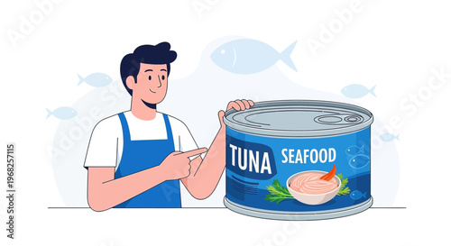 Man with Large Tuna Can, Seafood Product Promotion, Healthy Food Illustration