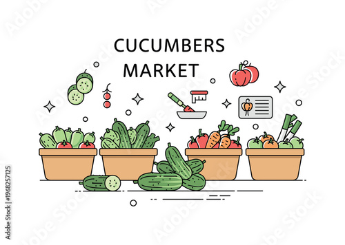 Cucumbers farmers market scene where cucumbers are sold in baskets with other vegetables while small sparkle and line icons emphasize fresh produce, choice,
