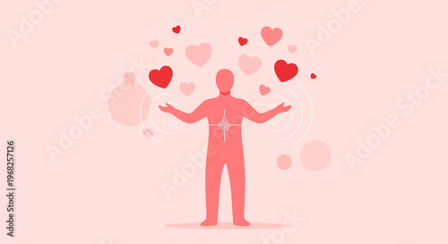 Man with love hearts radiating from chest, symbolizing emotions, passion, and well-being.