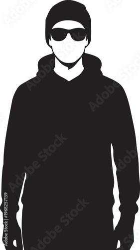 An enigmatic silhouette of an urban individual, shrouded in shadow with a beanie, hoodie, and sunglasses, conveying a sense of mystery and cool street style