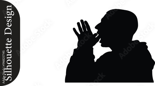 Silhouette of a man cupping hands to mouth, shouting or calling out loudly, with text 'Silhouette Design' on the left