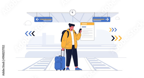 Man with Luggage at Train Station Platform, Waiting for Journey