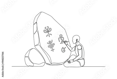 Ancient Alien Civilization. Minimalistic one-line drawing human figure sketching symbols on alien stones, continuous single black line on white background,