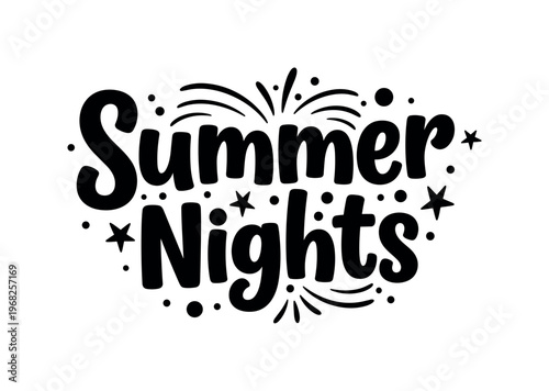 Summer Nights. lettering and all elements in black. Vector style. AWhite background. Pure white background. Perfect isolation and visual consistency. Bold