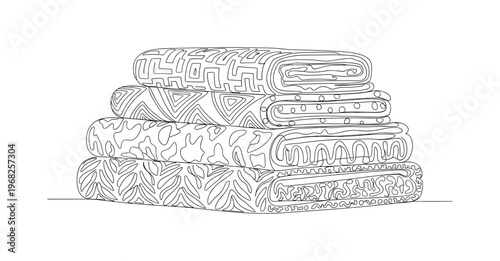 Patterned Cloth Display. Minimalistic one-line drawing stacked decorative textiles with patterns visible, continuous single black line on white background,
