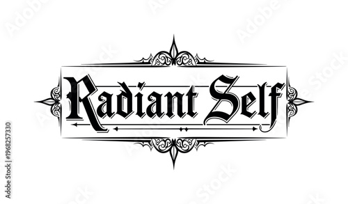 Radiant Self. lettering and all elements in black. Vector style. AWhite background. Pure white background. Perfect isolation and visual consistency.