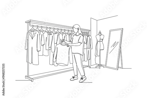 Conscious Fashion. Minimalistic one-line drawing person trying on sustainable clothes in boutique, continuous single black line on white background, simple