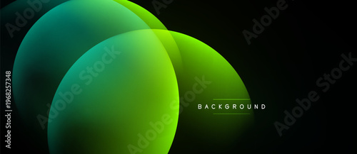 Abstract green shapes overlap dark background. Gradient colors create modern visual effect. Minimalist design, simple composition.