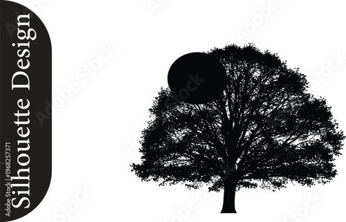 Silhouette of a large deciduous tree with dense foliage and a full moon in the sky, symbolizing nature and growth
