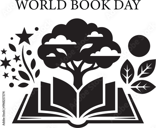 Black and white World Book Day tree book vector illustration for reading celebration imagination and knowledge design